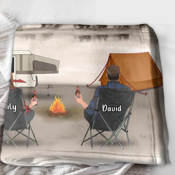 Custom Personalized Retro Vintage Camping Quilt/ Fleece Throw Blanket - Gift Idea For Family/Camping Lover - Couple/ Parents/ Single Parent With Up to 5 Kids And 4 Pets - Happy Campers