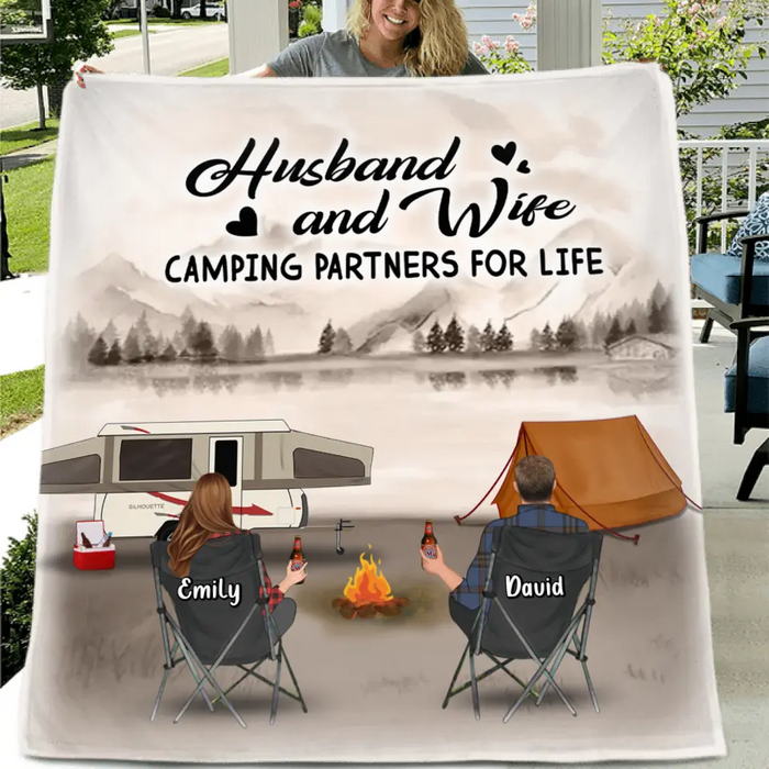 Custom Personalized Retro Vintage Camping Quilt/ Fleece Throw Blanket - Gift Idea For Family/Camping Lover - Couple/ Parents/ Single Parent With Up to 5 Kids And 4 Pets - Happy Campers