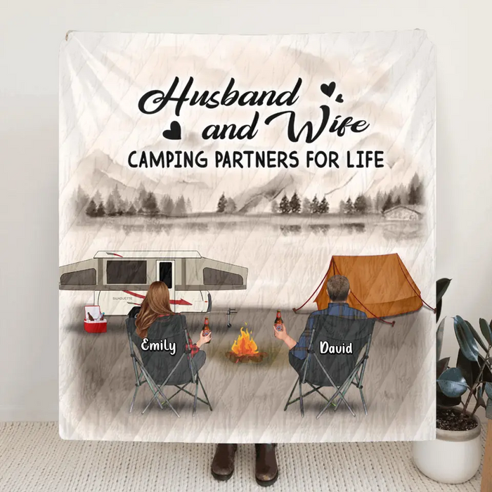 Custom Personalized Retro Vintage Camping Quilt/ Fleece Throw Blanket - Gift Idea For Family/Camping Lover - Couple/ Parents/ Single Parent With Up to 5 Kids And 4 Pets - Happy Campers