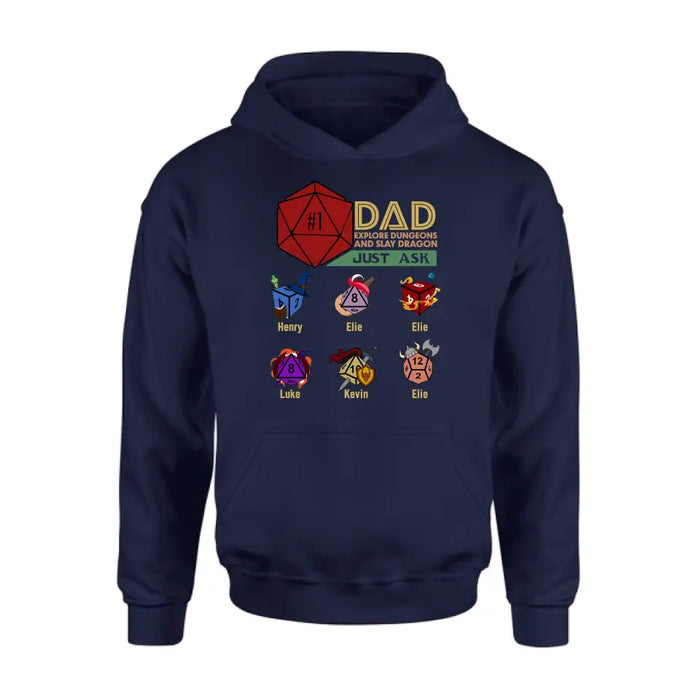 Custom Personalized #1 DAD Explore Dungeons And Slay Dragon Shirt/Hoodie -  Gift Idea for Father's Day - Upto 6 Kids