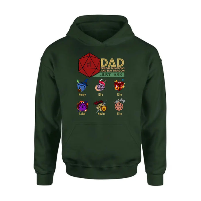 Custom Personalized #1 DAD Explore Dungeons And Slay Dragon Shirt/Hoodie -  Gift Idea for Father's Day - Upto 6 Kids