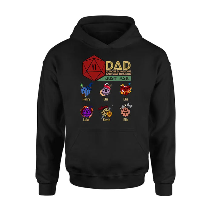 Custom Personalized #1 DAD Explore Dungeons And Slay Dragon Shirt/Hoodie -  Gift Idea for Father's Day - Upto 6 Kids