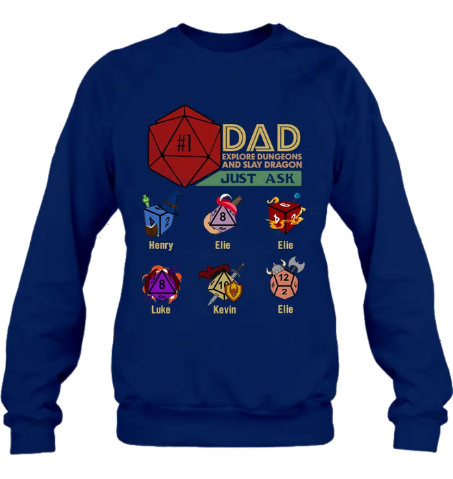 Custom Personalized #1 DAD Explore Dungeons And Slay Dragon Shirt/Hoodie -  Gift Idea for Father's Day - Upto 6 Kids