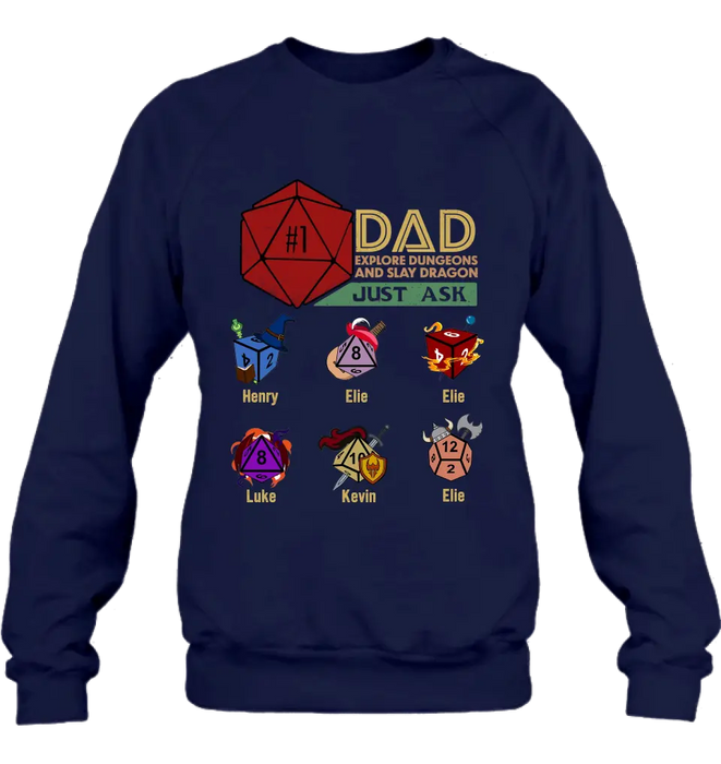 Custom Personalized #1 DAD Explore Dungeons And Slay Dragon Shirt/Hoodie -  Gift Idea for Father's Day - Upto 6 Kids