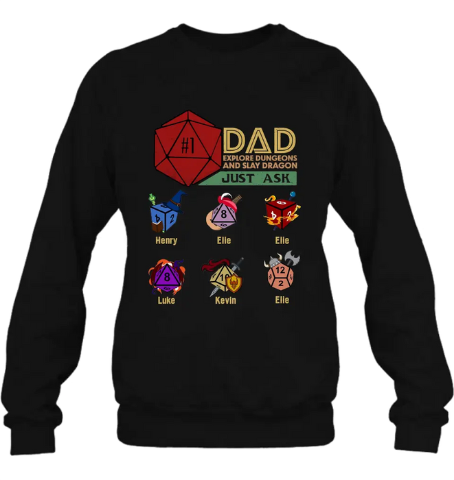 Custom Personalized #1 DAD Explore Dungeons And Slay Dragon Shirt/Hoodie -  Gift Idea for Father's Day - Upto 6 Kids