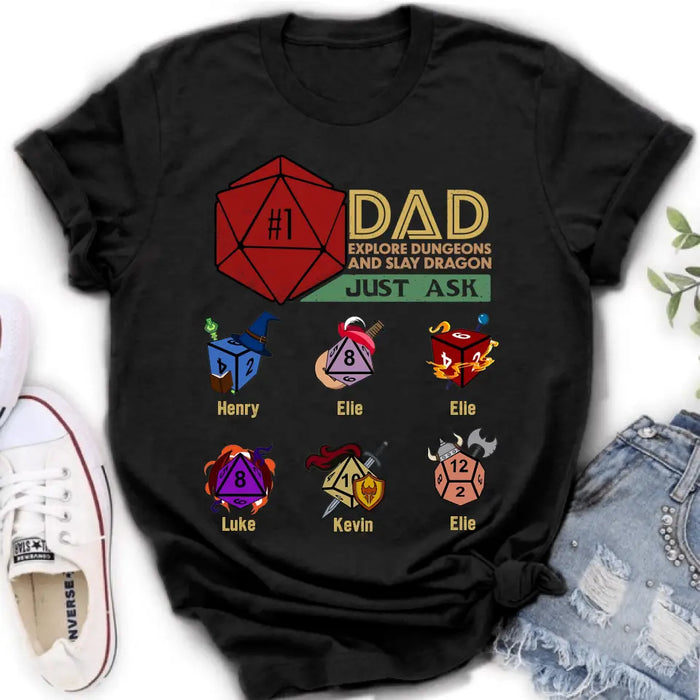 Custom Personalized #1 DAD Explore Dungeons And Slay Dragon Shirt/Hoodie -  Gift Idea for Father's Day - Upto 6 Kids