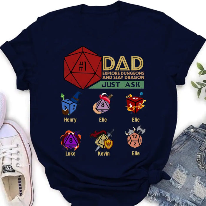 Custom Personalized #1 DAD Explore Dungeons And Slay Dragon Shirt/Hoodie -  Gift Idea for Father's Day - Upto 6 Kids