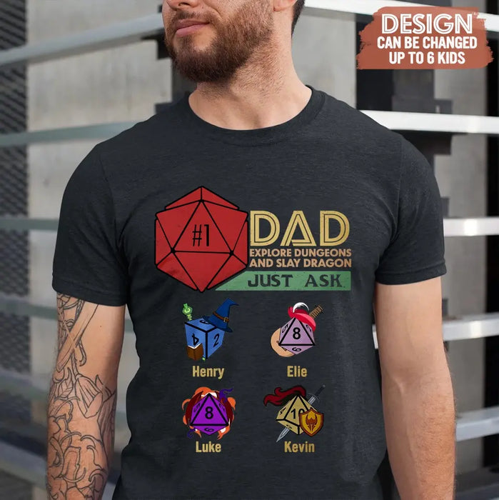 Custom Personalized #1 DAD Explore Dungeons And Slay Dragon Shirt/Hoodie -  Gift Idea for Father's Day - Upto 6 Kids