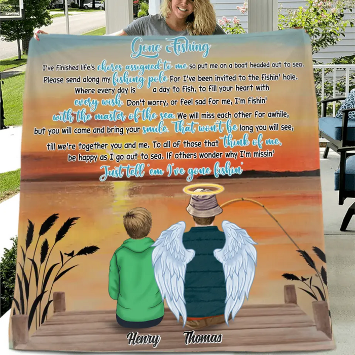 Custom Personalized Gone Fishing In Heaven Single Layer Fleece Blanket/ Quilt Blanket - Memorial Gift Idea For Dad