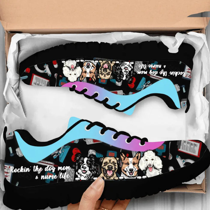 Personalized Nurse Dog Mom Sneakers - Rockin' The Dog Mom Life & Nurse Life - Gift Idea For Nurse/ Dog Lover with up to 4 Dogs