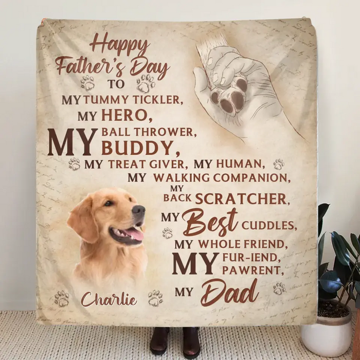 Custom Personalized Father's Day Fleece Throw Blanket - Gift Idea For Dog Owner - Upload Dog Photo - Happy Father's Day To My Hero