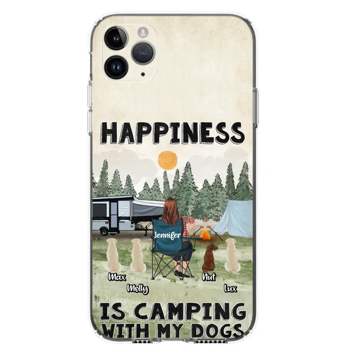 Personalized Camping Phone Case - Gift Idea For Girl & Dogs - Upto 4 Dogs - Happiness Is Camping With My Dogs - Case For iPhone/Samsung