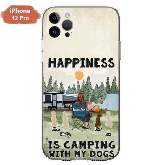 Personalized Camping Phone Case - Gift Idea For Girl & Dogs - Up to 4 Dogs - Happiness Is Camping With My Dogs - Case For iPhone/Samsung
