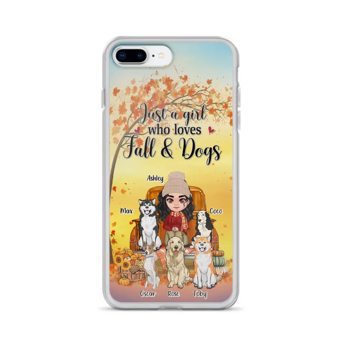 Custom Personalized Dog Mom Fall Season Phone Case - Autumn Gift Idea For Dog Owners - Upto 5 Dogs -  Case For iPhone/Samsung - Just A Girl Who Loves Fall & Dogs