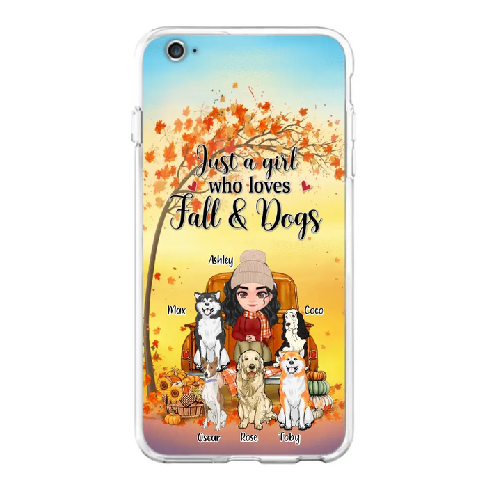 Custom Personalized Dog Mom Fall Season Phone Case - Autumn Gift Idea For Dog Owners - Upto 5 Dogs -  Case For iPhone/Samsung - Just A Girl Who Loves Fall & Dogs