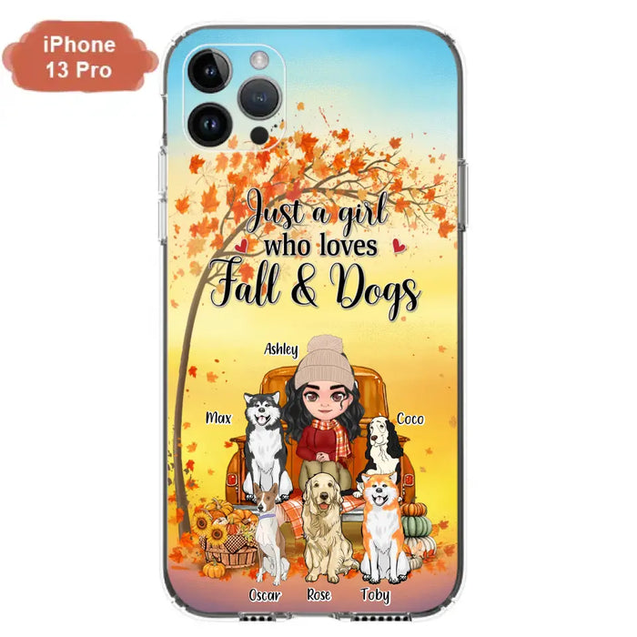 Custom Personalized Dog Mom Fall Season Phone Case - Autumn Gift Idea For Dog Owners - Upto 5 Dogs -  Case For iPhone/Samsung - Just A Girl Who Loves Fall & Dogs