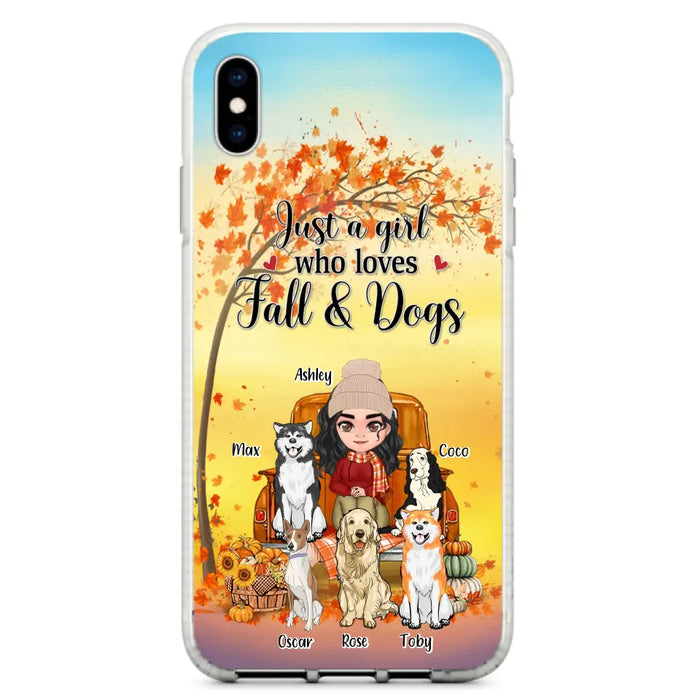 Custom Personalized Dog Mom Fall Season Phone Case - Autumn Gift Idea For Dog Owners - Upto 5 Dogs -  Case For iPhone/Samsung - Just A Girl Who Loves Fall & Dogs