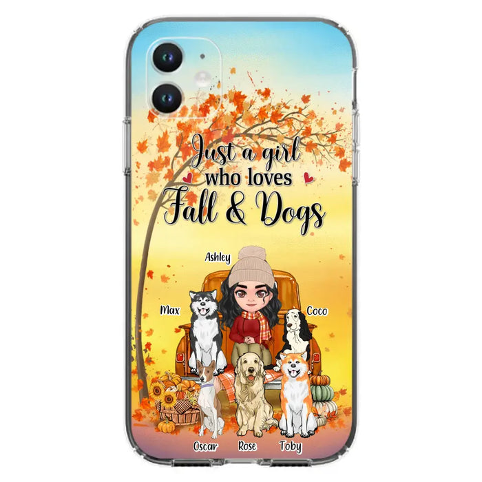 Custom Personalized Dog Mom Fall Season Phone Case - Autumn Gift Idea For Dog Owners - Upto 5 Dogs -  Case For iPhone/Samsung - Just A Girl Who Loves Fall & Dogs