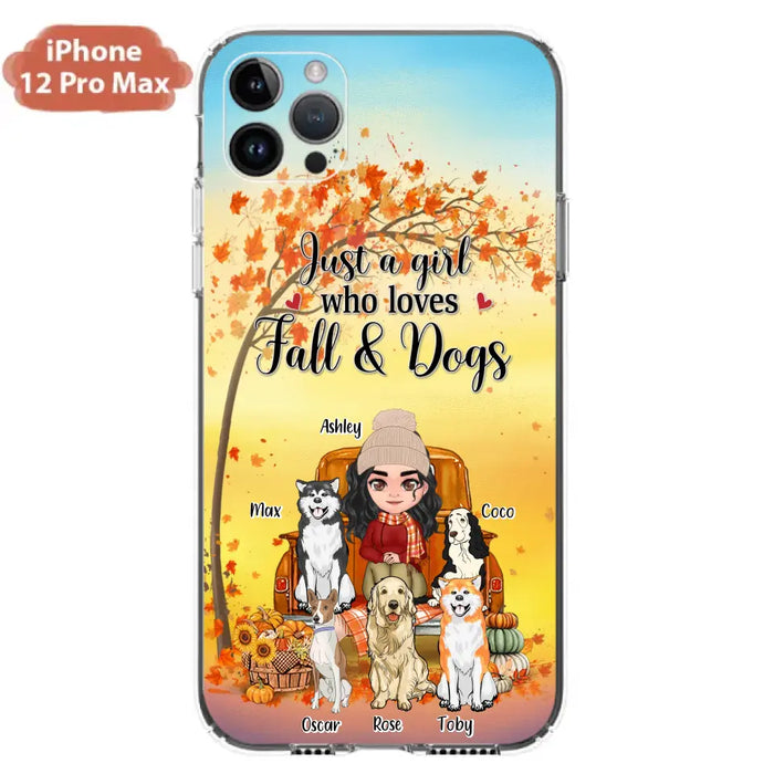 Custom Personalized Dog Mom Fall Season Phone Case - Autumn Gift Idea For Dog Owners - Upto 5 Dogs -  Case For iPhone/Samsung - Just A Girl Who Loves Fall & Dogs