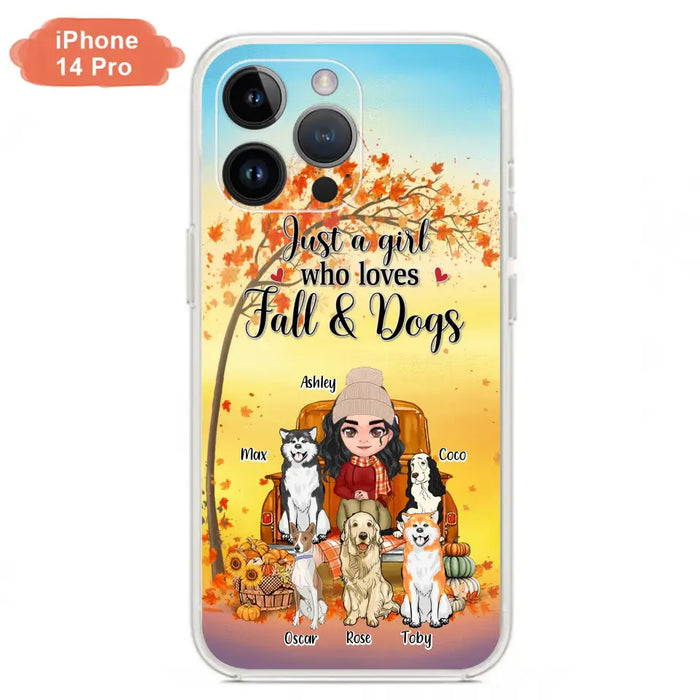 Custom Personalized Dog Mom Fall Season Phone Case - Autumn Gift Idea For Dog Owners - Upto 5 Dogs -  Case For iPhone/Samsung - Just A Girl Who Loves Fall & Dogs