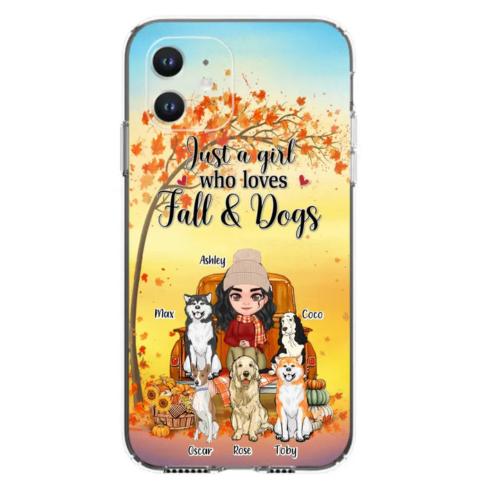 Custom Personalized Dog Mom Fall Season Phone Case - Autumn Gift Idea For Dog Owners - Upto 5 Dogs -  Case For iPhone/Samsung - Just A Girl Who Loves Fall & Dogs