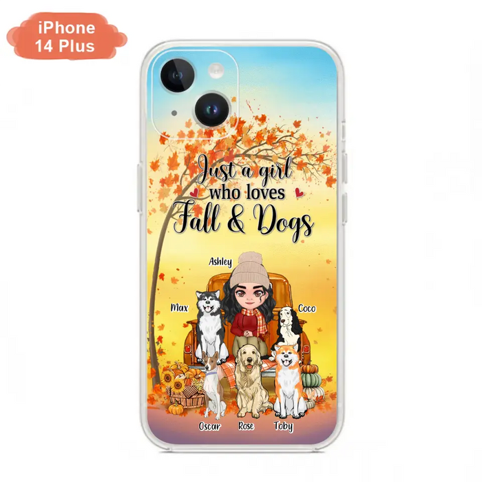 Custom Personalized Dog Mom Fall Season Phone Case - Autumn Gift Idea For Dog Owners - Upto 5 Dogs -  Case For iPhone/Samsung - Just A Girl Who Loves Fall & Dogs