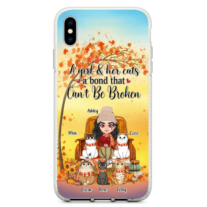 Custom Personalized Cat Mom Fall Season Phone Case - Gift Idea For Cat Owners - Upto 5 Cats -  Case For iPhone/Samsung - A Girl & Her Cats A Bond That Can't Be Broken