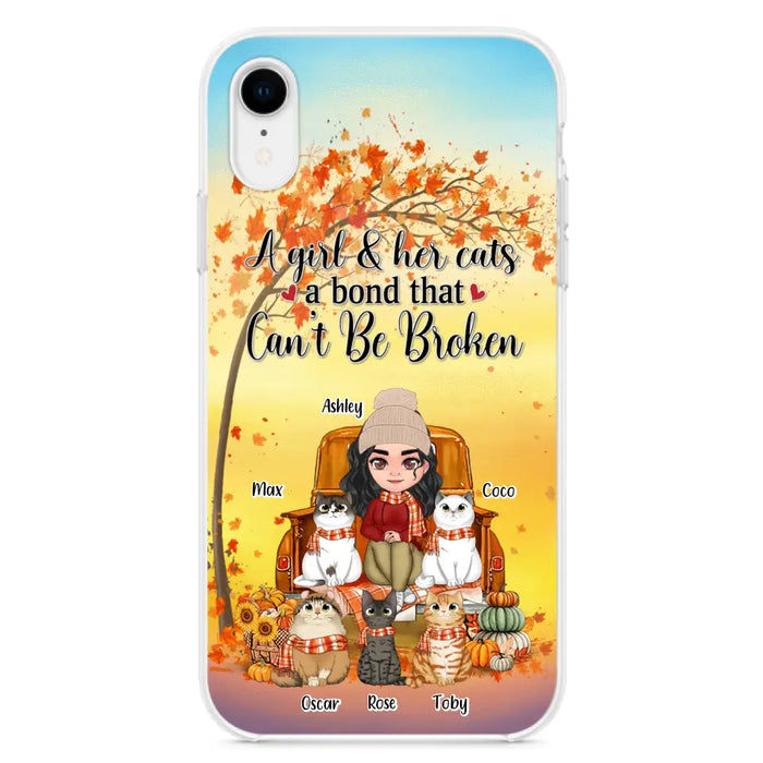 Custom Personalized Cat Mom Fall Season Phone Case - Gift Idea For Cat Owners - Upto 5 Cats -  Case For iPhone/Samsung - A Girl & Her Cats A Bond That Can't Be Broken