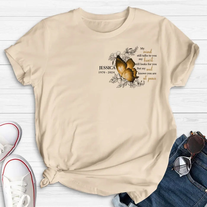 Custom Personalized Memorial Butterfly Shirt/Hoodie - Upto 4 Butterflies - Memorial Gift Idea for Mother's Day/Father's Day - My Mind Still Talks To You