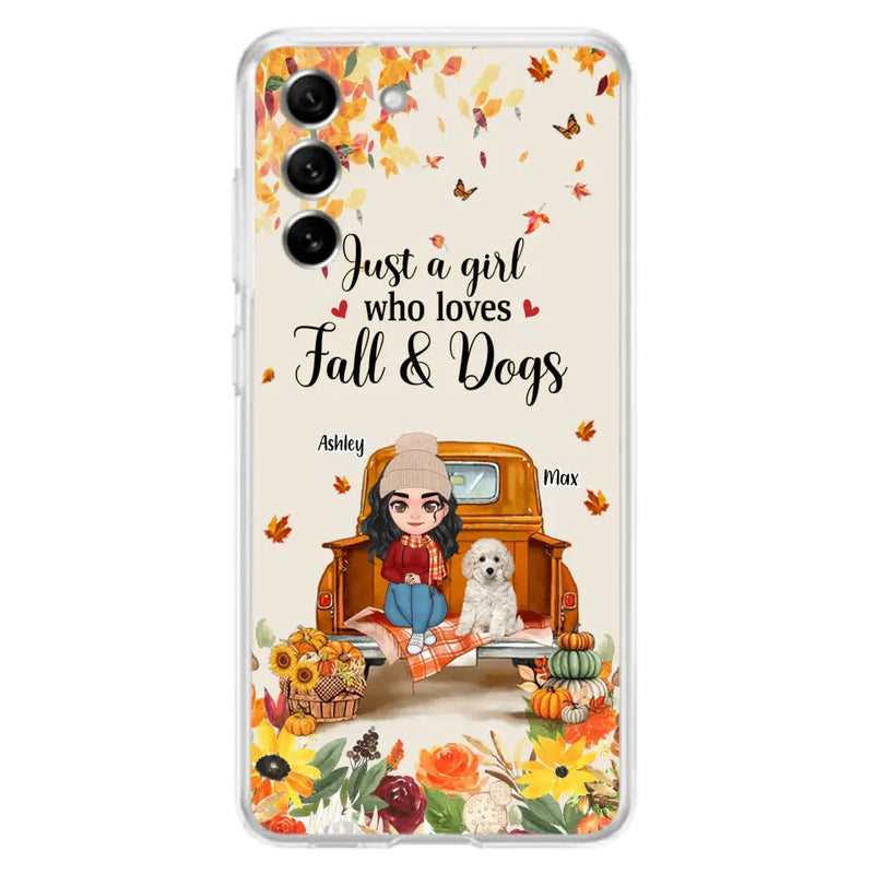 Custom Personalized Dog Mom Autumn Phone Case - Gift Idea For Dog Owners - Upto 5 Dogs -  Case For iPhone/Samsung - Just A Girl Who Loves Fall & Dogs