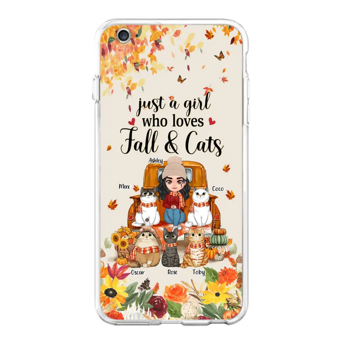 Custom Personalized Cat Mom Autumn Phone Case - Gift Idea For Cat Owners - Upto 5 Cats -  Case For iPhone/Samsung - Just A Girl Who Loves Fall & Cats