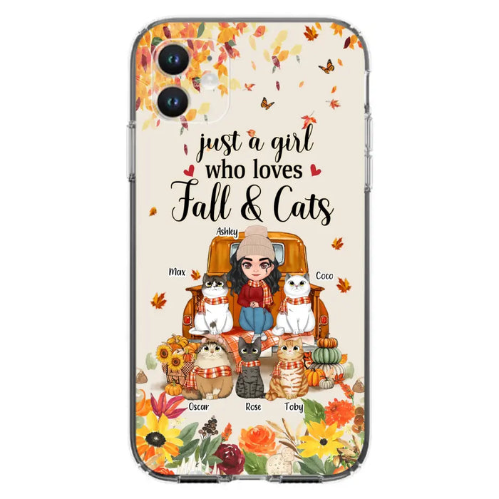 Custom Personalized Cat Mom Autumn Phone Case - Gift Idea For Cat Owners - Upto 5 Cats -  Case For iPhone/Samsung - Just A Girl Who Loves Fall & Cats