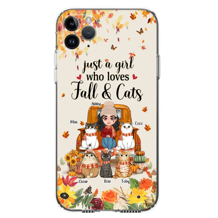 Custom Personalized Cat Mom Autumn Phone Case - Gift Idea For Cat Owners - Upto 5 Cats -  Case For iPhone/Samsung - Just A Girl Who Loves Fall & Cats