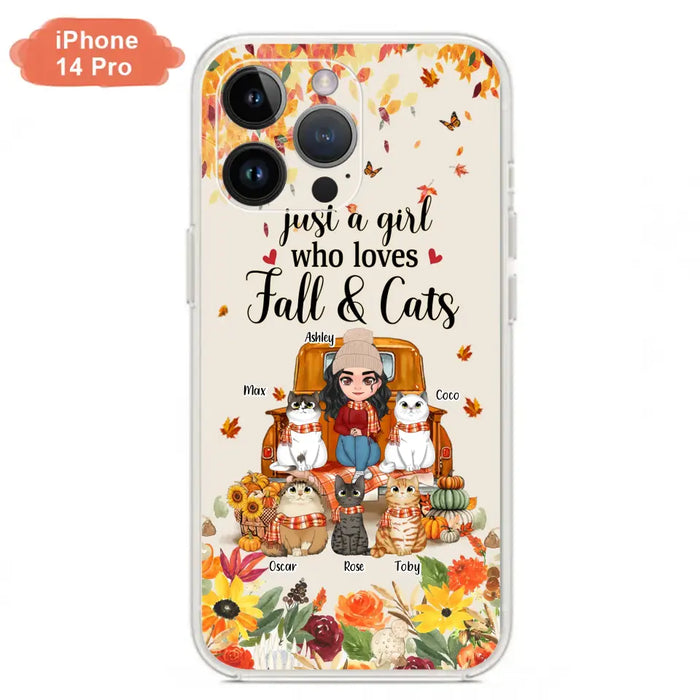 Custom Personalized Cat Mom Autumn Phone Case - Gift Idea For Cat Owners - Upto 5 Cats -  Case For iPhone/Samsung - Just A Girl Who Loves Fall & Cats