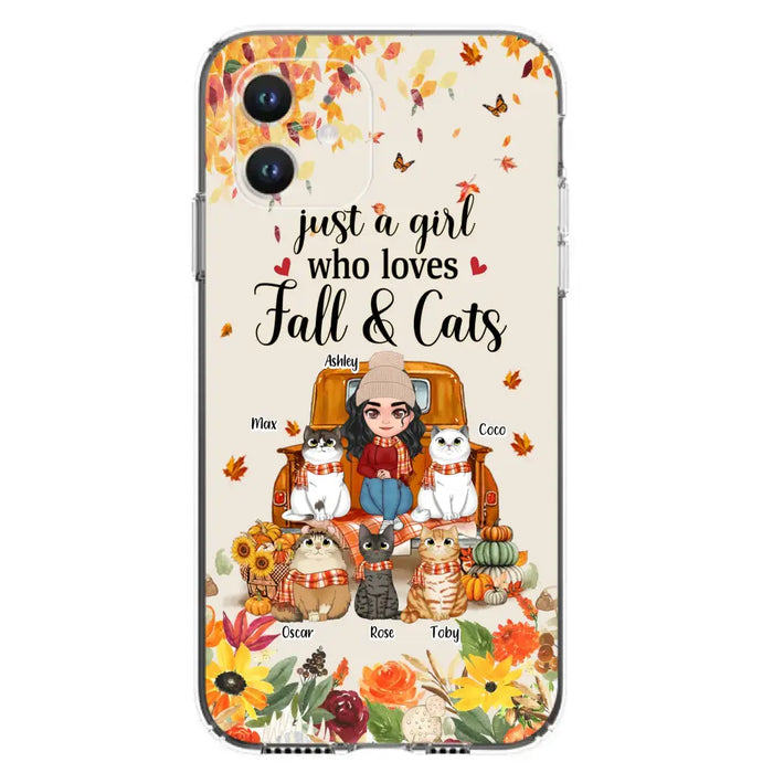 Custom Personalized Cat Mom Autumn Phone Case - Gift Idea For Cat Owners - Upto 5 Cats -  Case For iPhone/Samsung - Just A Girl Who Loves Fall & Cats