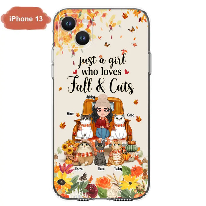 Custom Personalized Cat Mom Autumn Phone Case - Gift Idea For Cat Owners - Upto 5 Cats -  Case For iPhone/Samsung - Just A Girl Who Loves Fall & Cats