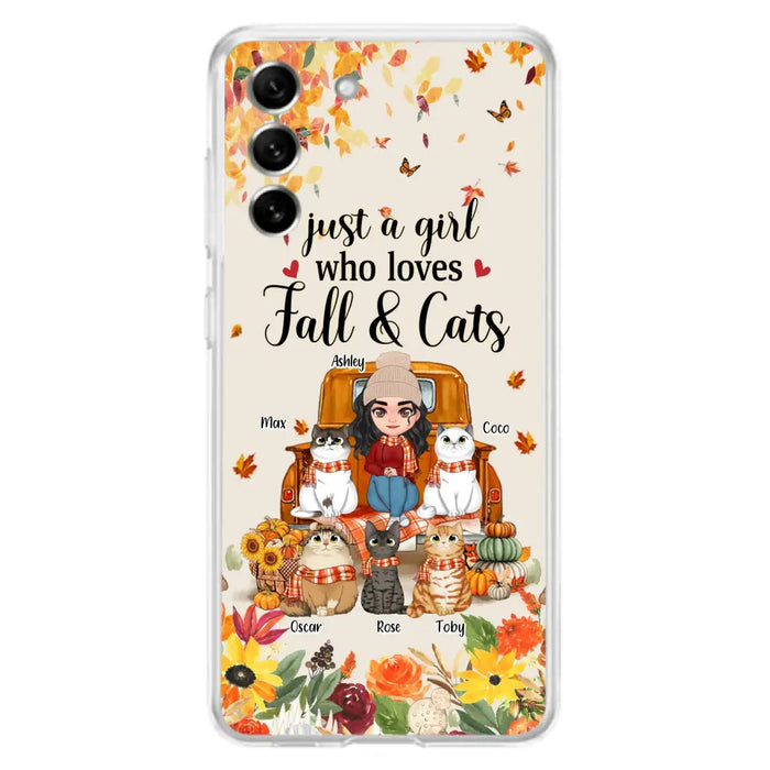 Custom Personalized Cat Mom Autumn Phone Case - Gift Idea For Cat Owners - Upto 5 Cats -  Case For iPhone/Samsung - Just A Girl Who Loves Fall & Cats