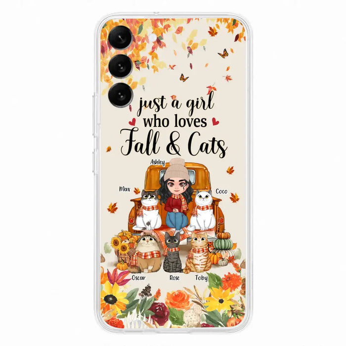 Custom Personalized Cat Mom Autumn Phone Case - Gift Idea For Cat Owners - Upto 5 Cats -  Case For iPhone/Samsung - Just A Girl Who Loves Fall & Cats