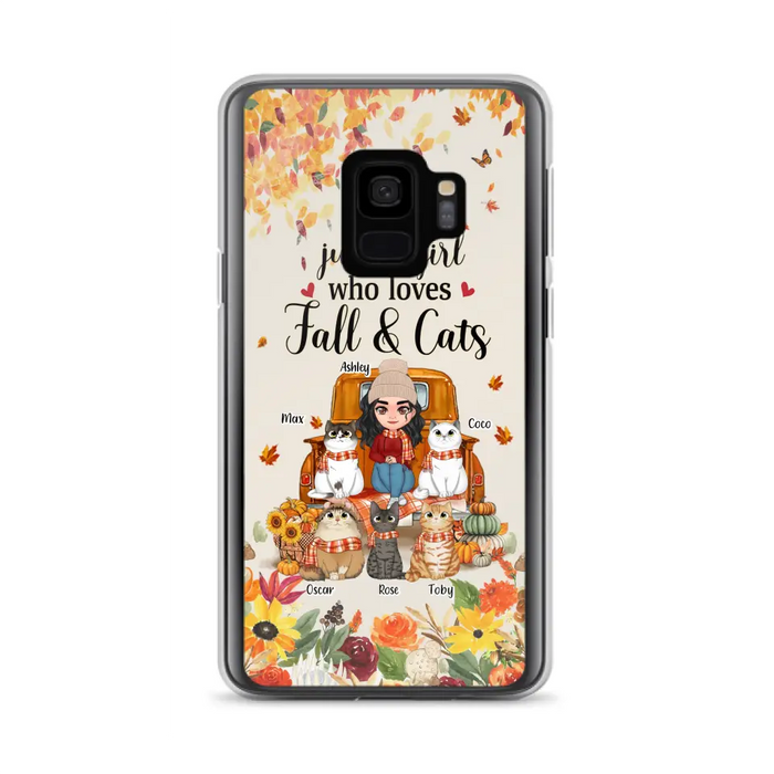 Custom Personalized Cat Mom Autumn Phone Case - Gift Idea For Cat Owners - Upto 5 Cats -  Case For iPhone/Samsung - Just A Girl Who Loves Fall & Cats