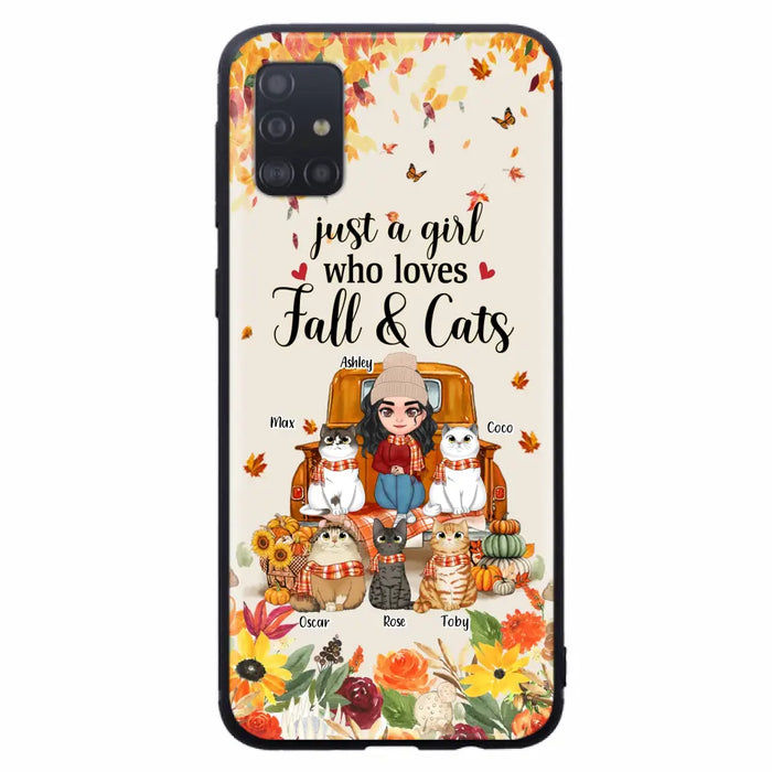 Custom Personalized Cat Mom Autumn Phone Case - Gift Idea For Cat Owners - Upto 5 Cats -  Case For iPhone/Samsung - Just A Girl Who Loves Fall & Cats