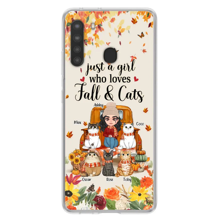 Custom Personalized Cat Mom Autumn Phone Case - Gift Idea For Cat Owners - Upto 5 Cats -  Case For iPhone/Samsung - Just A Girl Who Loves Fall & Cats