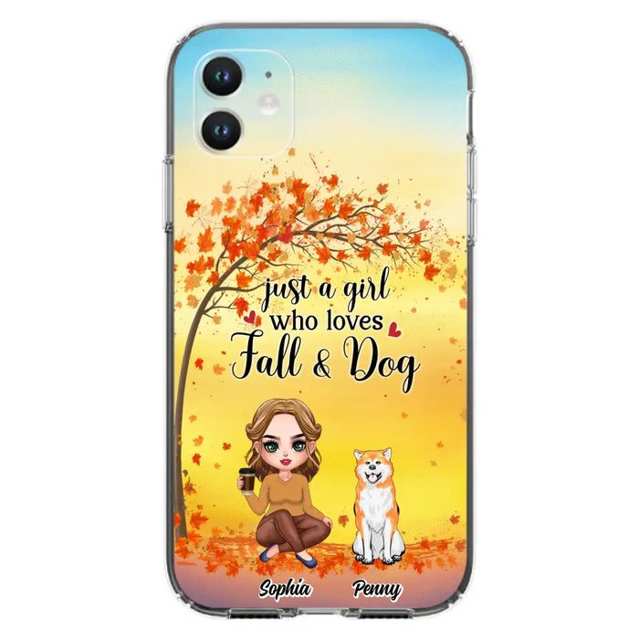 Custom Personalized Dog Mom Phone Case - Gift Idea For Dog Lovers/ Autumn Gift - Upto 4 Dogs - Just A Girl Who Loves Fall & Dogs - Case For iPhone/Samsung