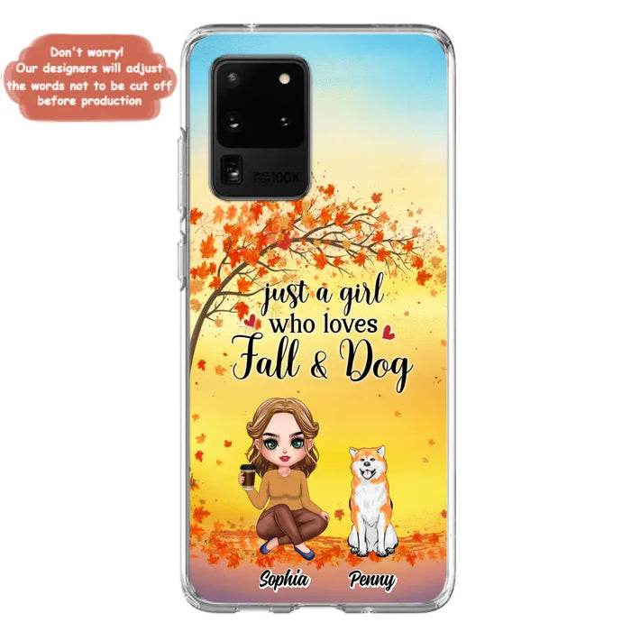 Custom Personalized Dog Mom Phone Case - Gift Idea For Dog Lovers/ Autumn Gift - Upto 4 Dogs - Just A Girl Who Loves Fall & Dogs - Case For iPhone/Samsung