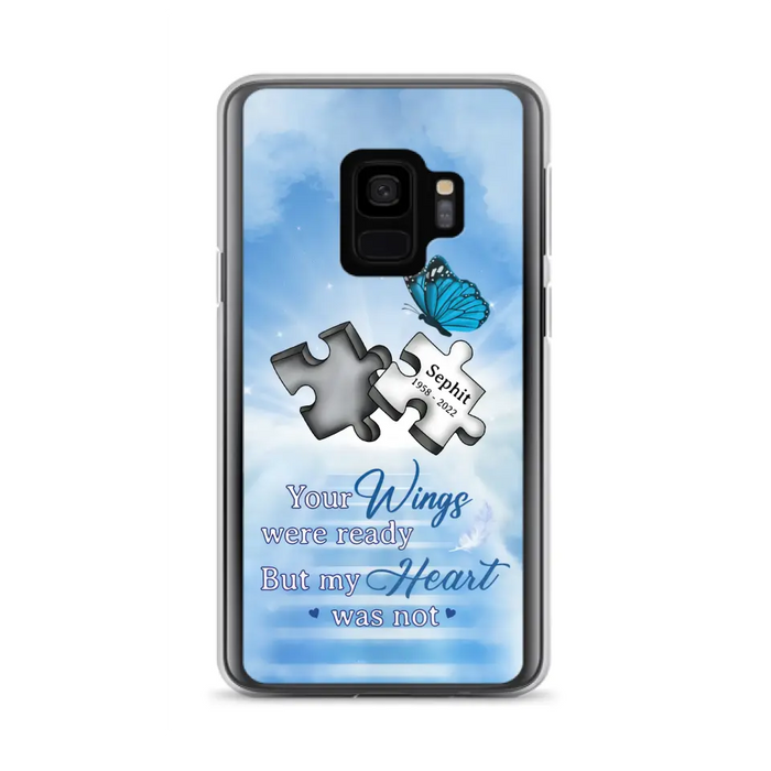 Custom Personalized Memorial Puzzle Butterfly Phone Case - Memorial Gift Idea - Your Wings Were Ready But My Heart Was Not - Case for iPhone/Samsung