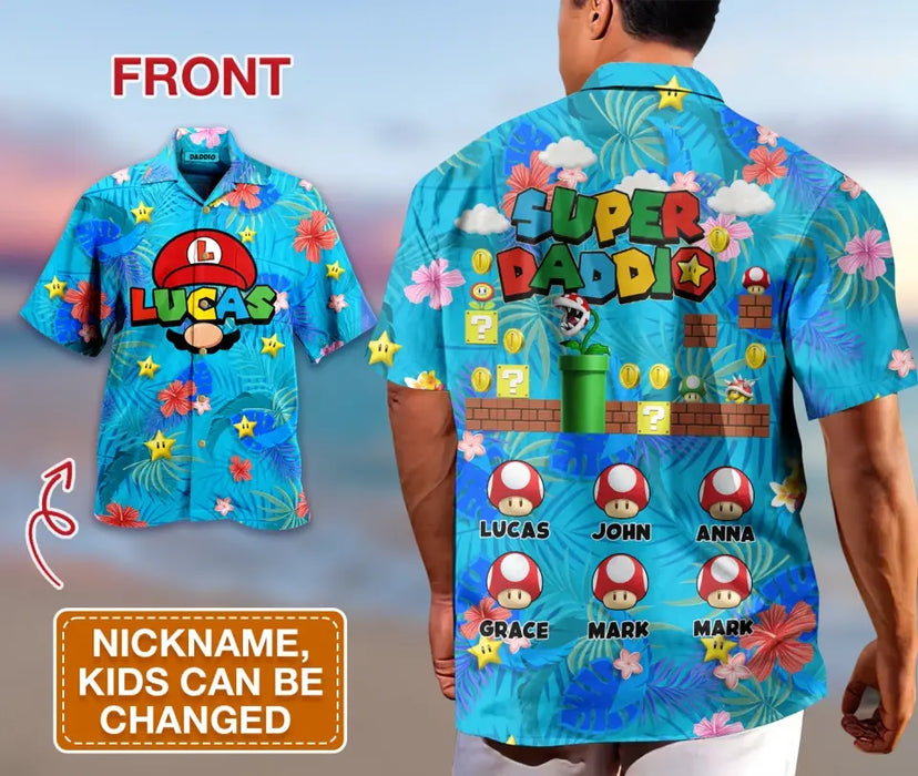 Custom Personalized Dad 3D Hawaiian Shirt - Upto 7 Kids - Funny Gift Idea For Father's Day - Super Daddio