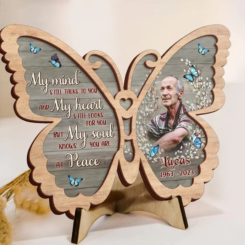 Personalized Memorial Photo Butterfly 2 Layered Wooden Art - Keepsake Gift Idea For Family Member - My Mind Still Talks To You