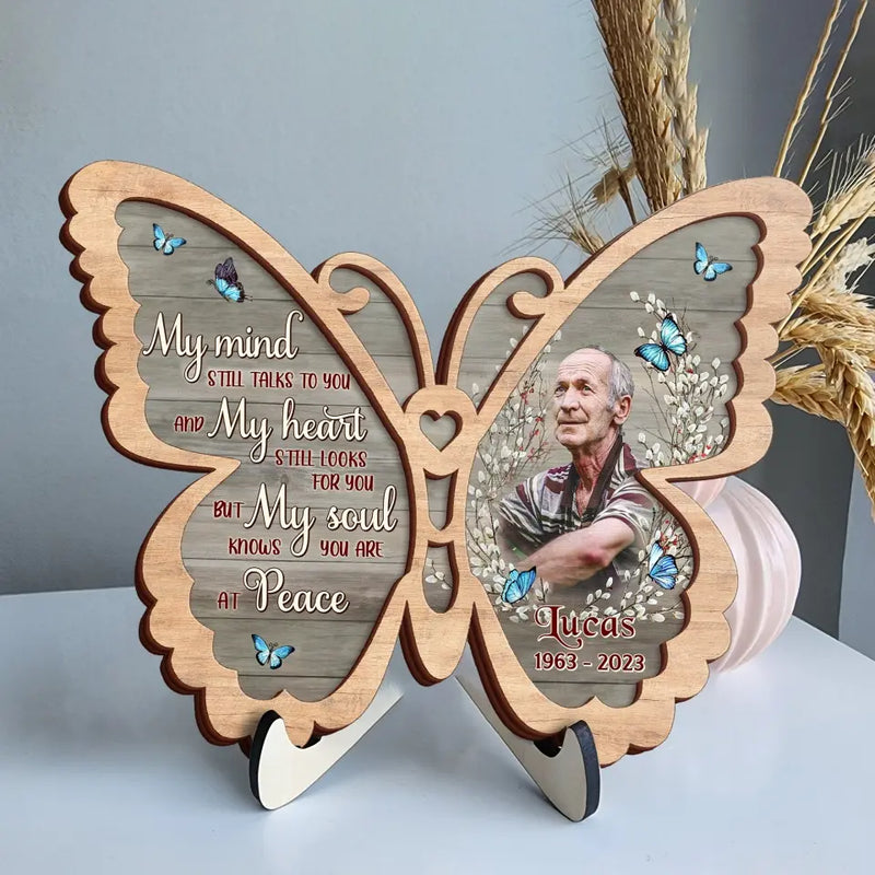 Personalized Memorial Photo Butterfly 2 Layered Wooden Art - Keepsake Gift Idea For Family Member - My Mind Still Talks To You