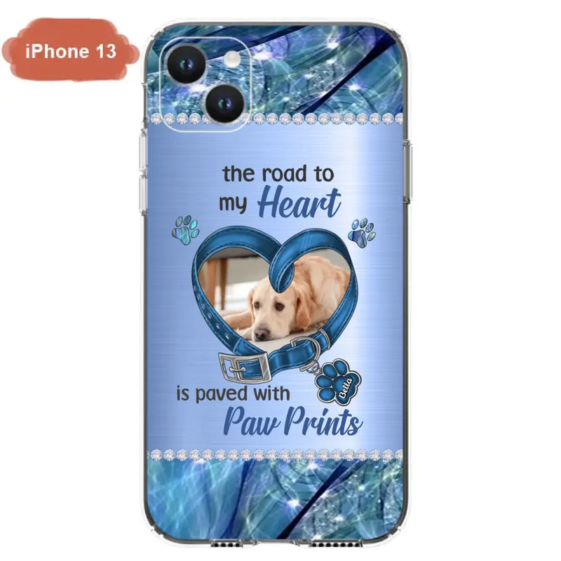 Custom Personalized Memorial Dog Collar Phone Case - Upload Photo - Memorial Gift Idea For Dog Owner - The Road To My Heart Is Paved With Paw Prints - Case for iPhone/ Samsung