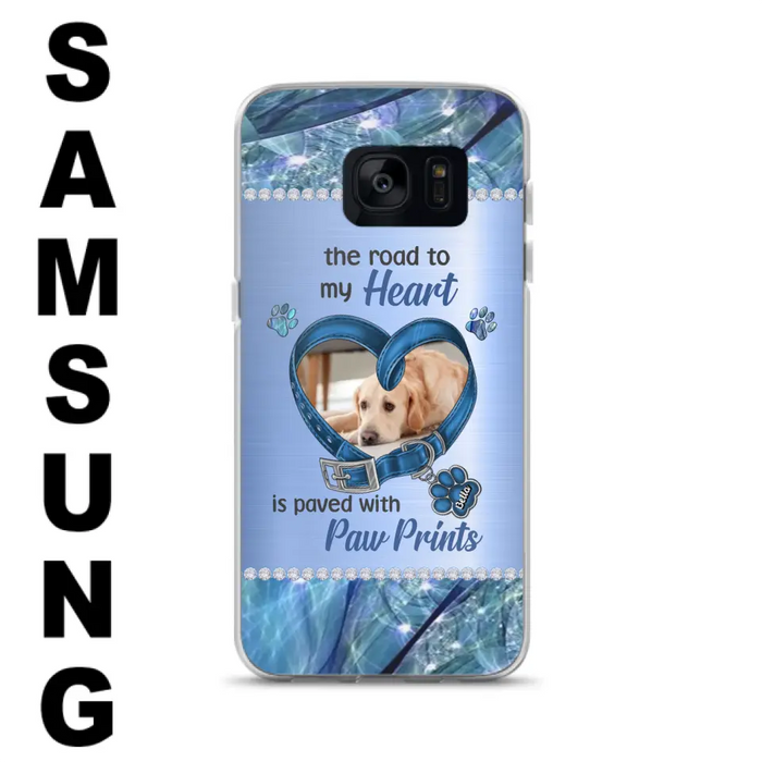 Custom Personalized Memorial Dog Collar Phone Case - Upload Photo - Memorial Gift Idea For Dog Owner - The Road To My Heart Is Paved With Paw Prints - Case for iPhone/ Samsung