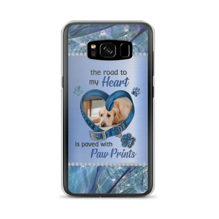 Custom Personalized Memorial Dog Collar Phone Case - Upload Photo - Memorial Gift Idea For Dog Owner - The Road To My Heart Is Paved With Paw Prints - Case for iPhone/ Samsung